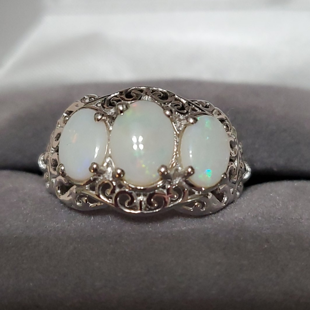 White Opal Trilogy ring sterling silver size 7